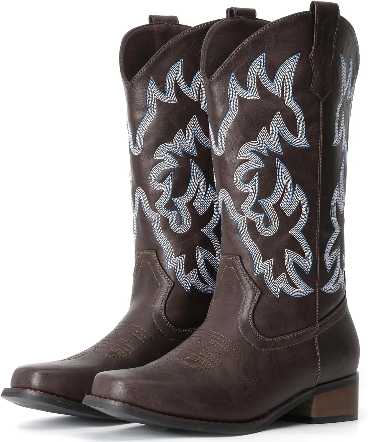 IUV Cowboy Boots For Women Square Toe Cowgirl Boots Mid Calf Western Boots Pull On Fashion Cowboy Boots