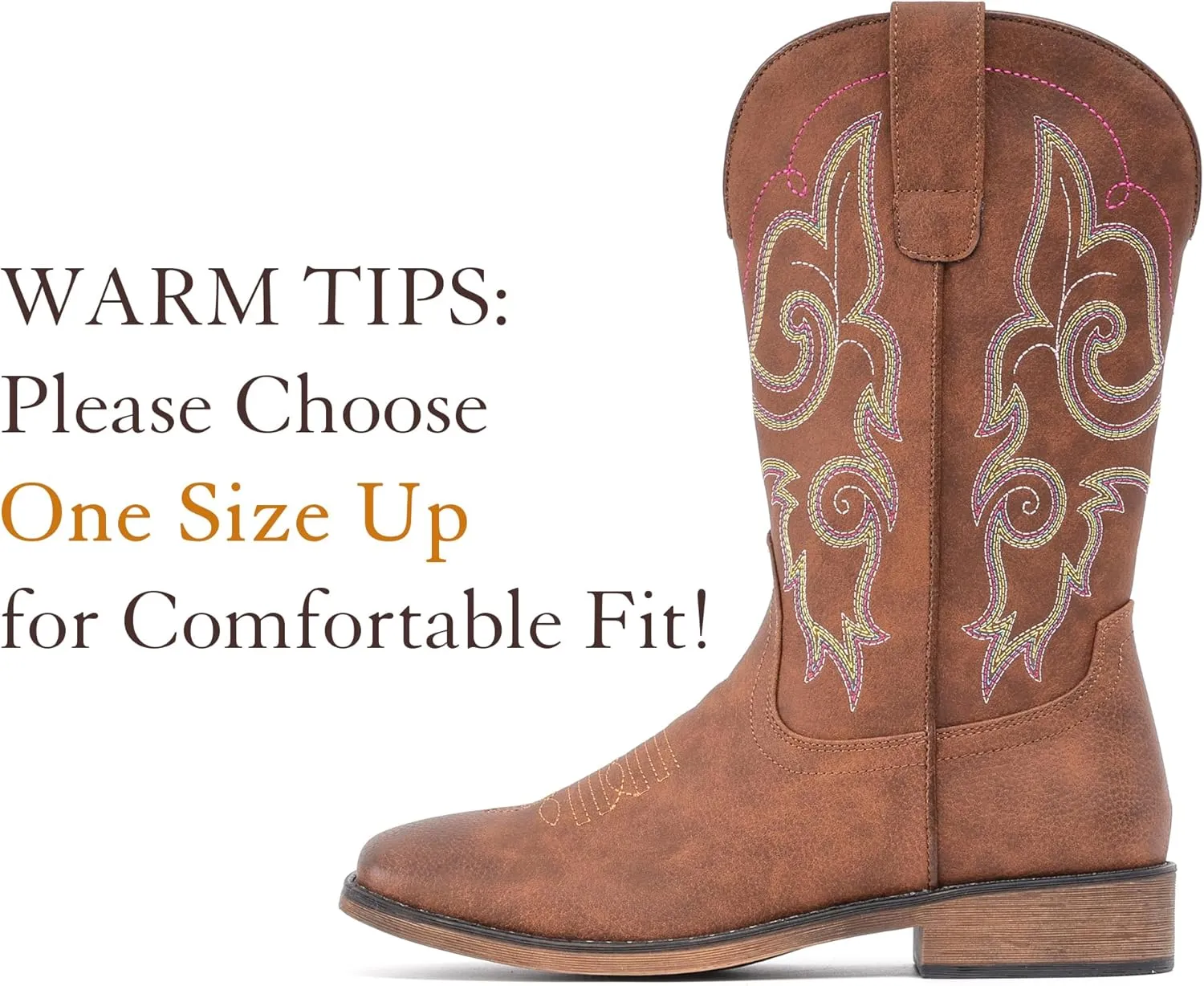 IUV Cowboy Boots For Women Square Toe Western Boots Mid Calf Cowgirl Boots Pull On Fashion Embroidered Cowboy Boots