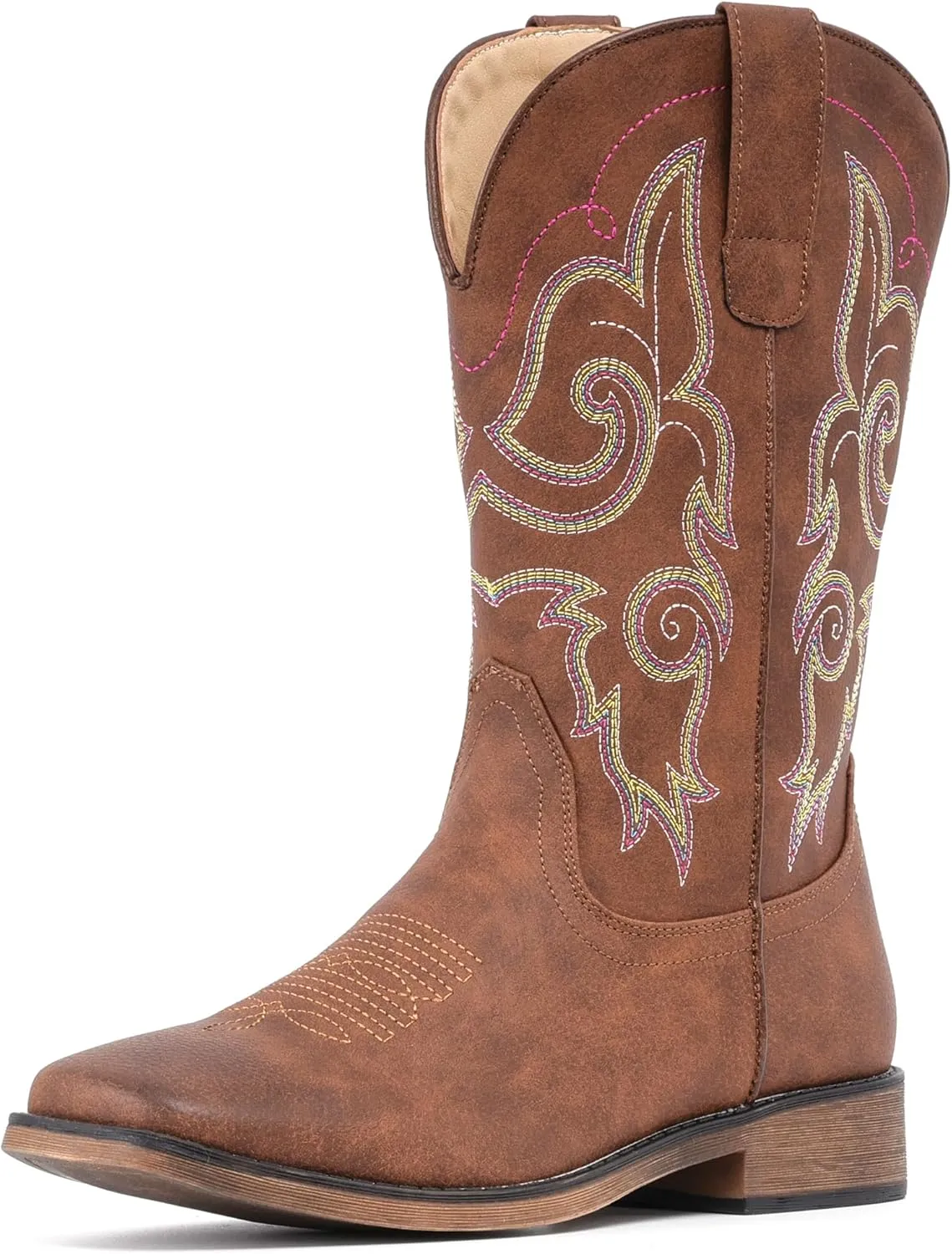 IUV Cowboy Boots For Women Square Toe Western Boots Mid Calf Cowgirl Boots Pull On Fashion Embroidered Cowboy Boots