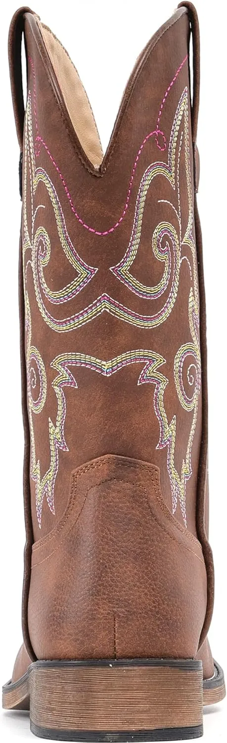 IUV Cowboy Boots For Women Square Toe Western Boots Mid Calf Cowgirl Boots Pull On Fashion Embroidered Cowboy Boots