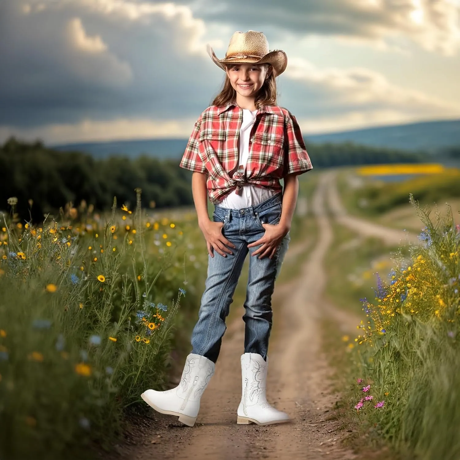 IUV Cowgirl Boots Cowboy Boots For Girls Boys Kids Toddler Fashion Western Boots Mid Calf Riding Shoes