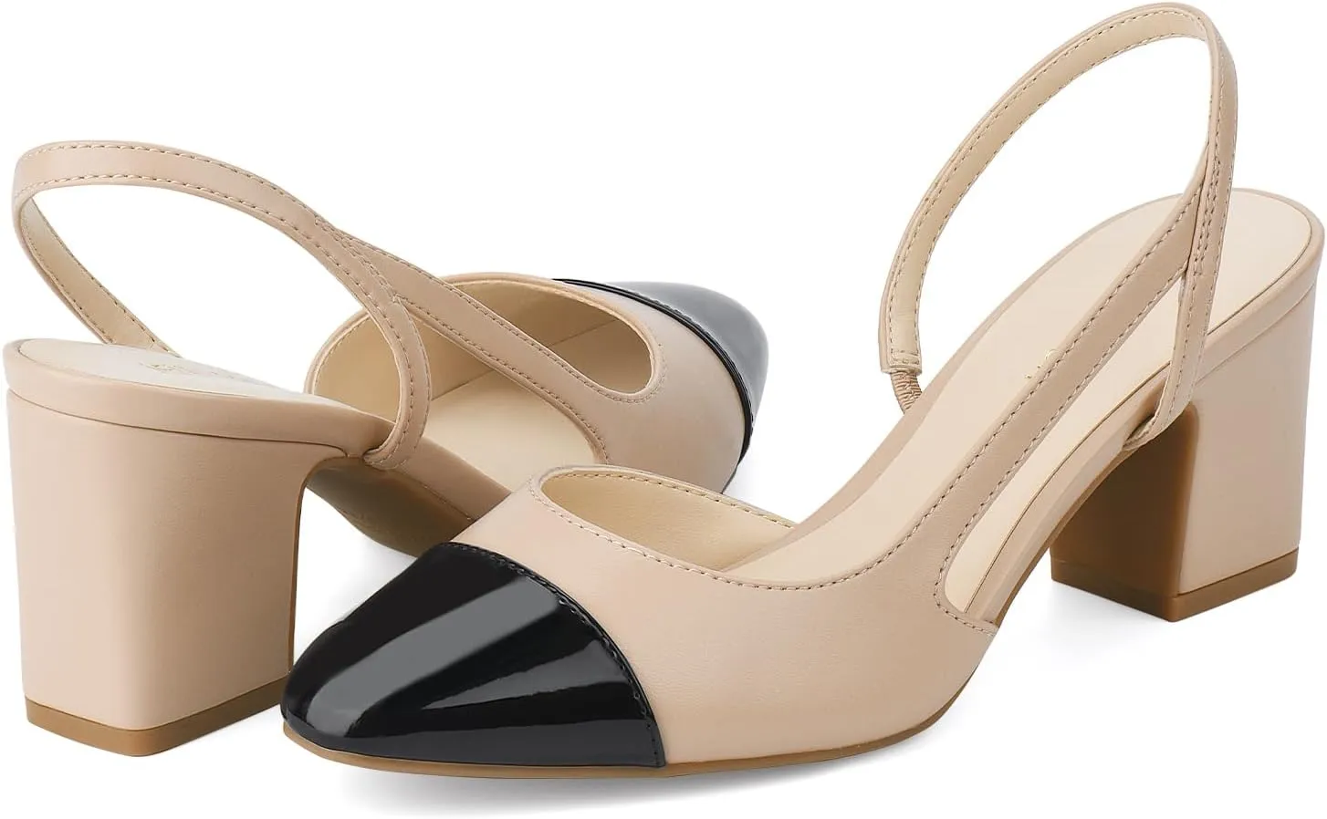 JENN ARDOR Closed Toe Chunky Heels Slingback Pumps Block Dress Shoes Women Comfort Classic Splicing Pointy Cap Toe Low Heels Sandals 2.5 inch for Wedding