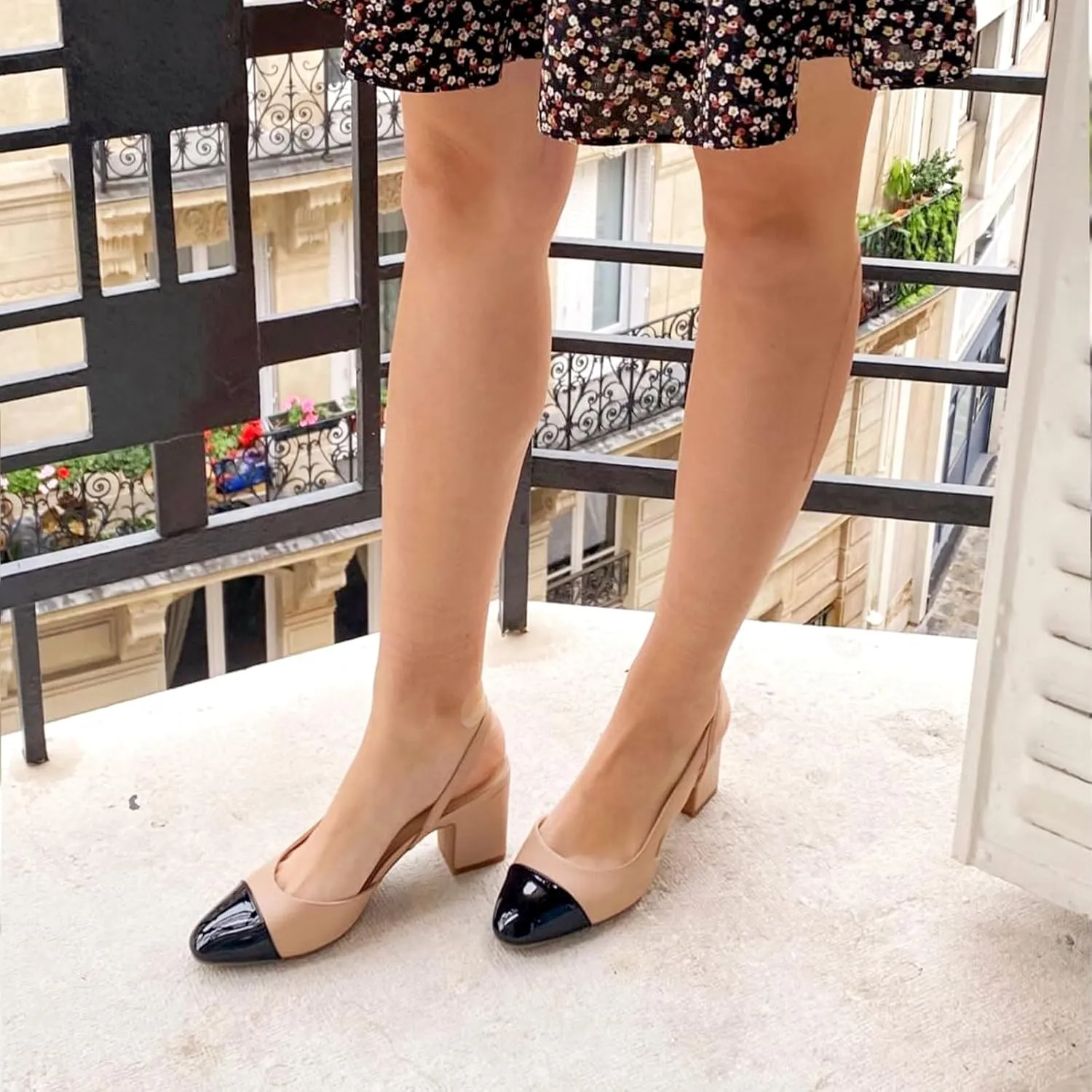 JENN ARDOR Closed Toe Chunky Heels Slingback Pumps Block Dress Shoes Women Comfort Classic Splicing Pointy Cap Toe Low Heels Sandals 2.5 inch for Wedding