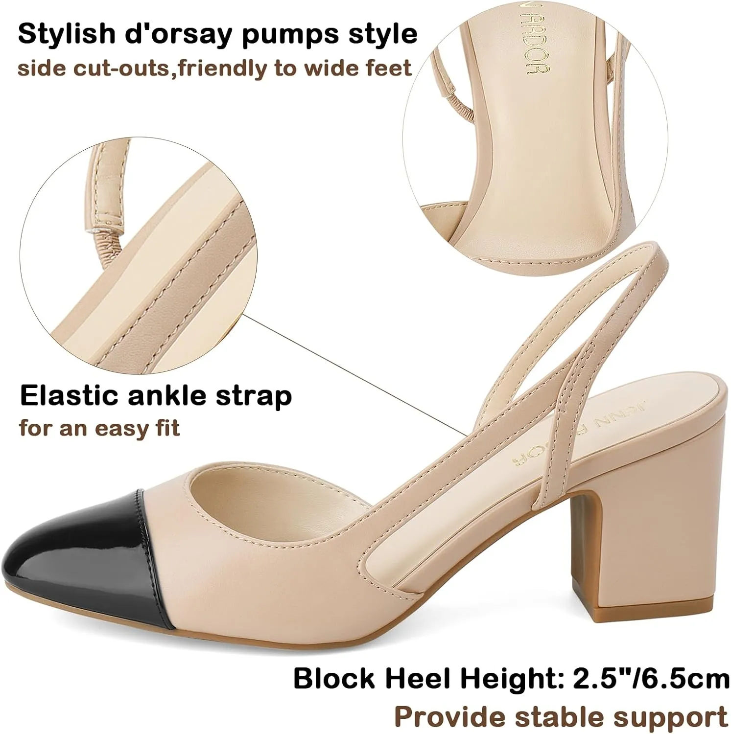 JENN ARDOR Closed Toe Chunky Heels Slingback Pumps Block Dress Shoes Women Comfort Classic Splicing Pointy Cap Toe Low Heels Sandals 2.5 inch for Wedding