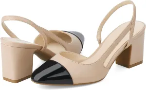 JENN ARDOR Closed Toe Chunky Heels Slingback Pumps Block Dress Shoes Women Comfort Classic Splicing Pointy Cap Toe Low Heels Sandals 2.5 inch for Wedding