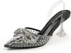 JENN ARDOR Women's Clear Heels Pointed Toe Kitten Heel Bow Pumps Rhinestone Strap Slingback Wedding Party Dress Shoes