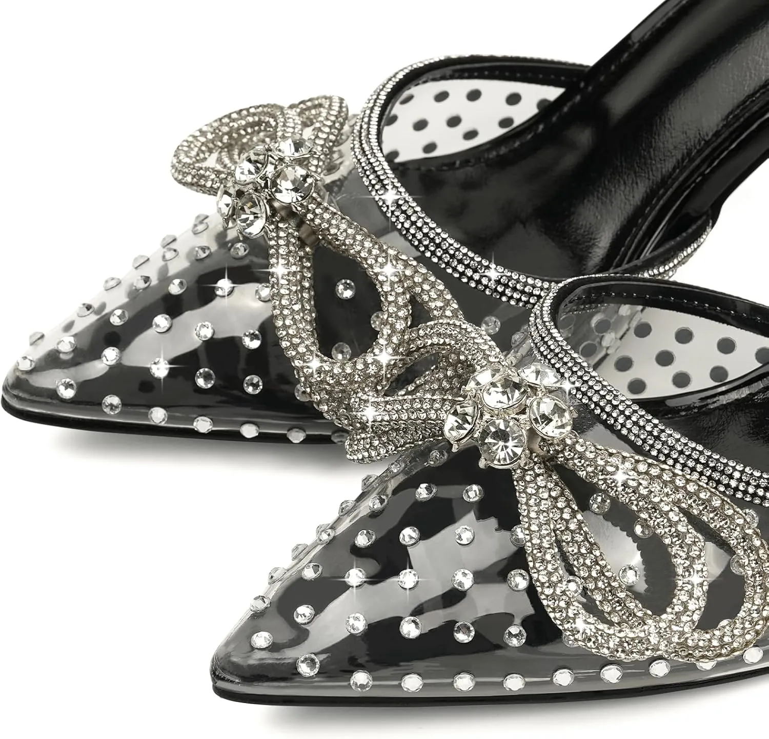 JENN ARDOR Women's Clear Heels Pointed Toe Kitten Heel Bow Pumps Rhinestone Strap Slingback Wedding Party Dress Shoes