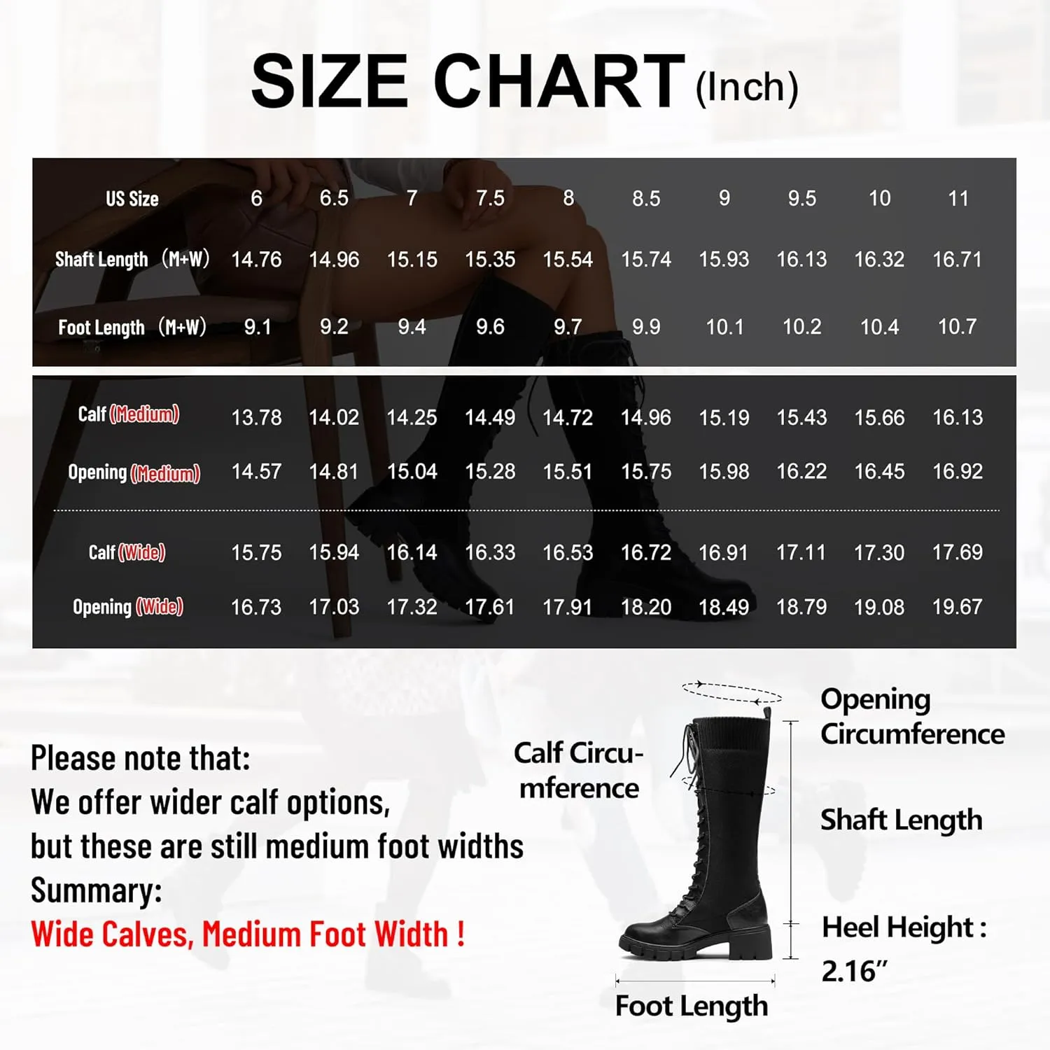 Jeossy Women's Knee High Combat 9603 Boots, Tall Platform Chunky Heel Boots Wide Claf