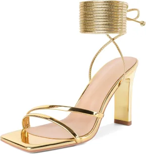 Joseywade Chunky Heels For Women Lace Up Tie Up High Heel 3.5" Heeled Sandals Open Toe Shoes