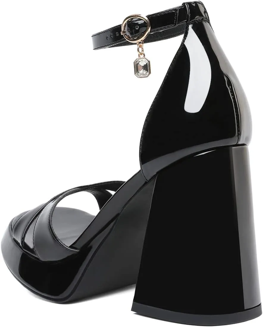 Joseywade Heeled Sandals Strappy Platform Chunky Block High Heels Round Open Toe 4 Inch Ankle Strap Sexy Work Dance Shoes