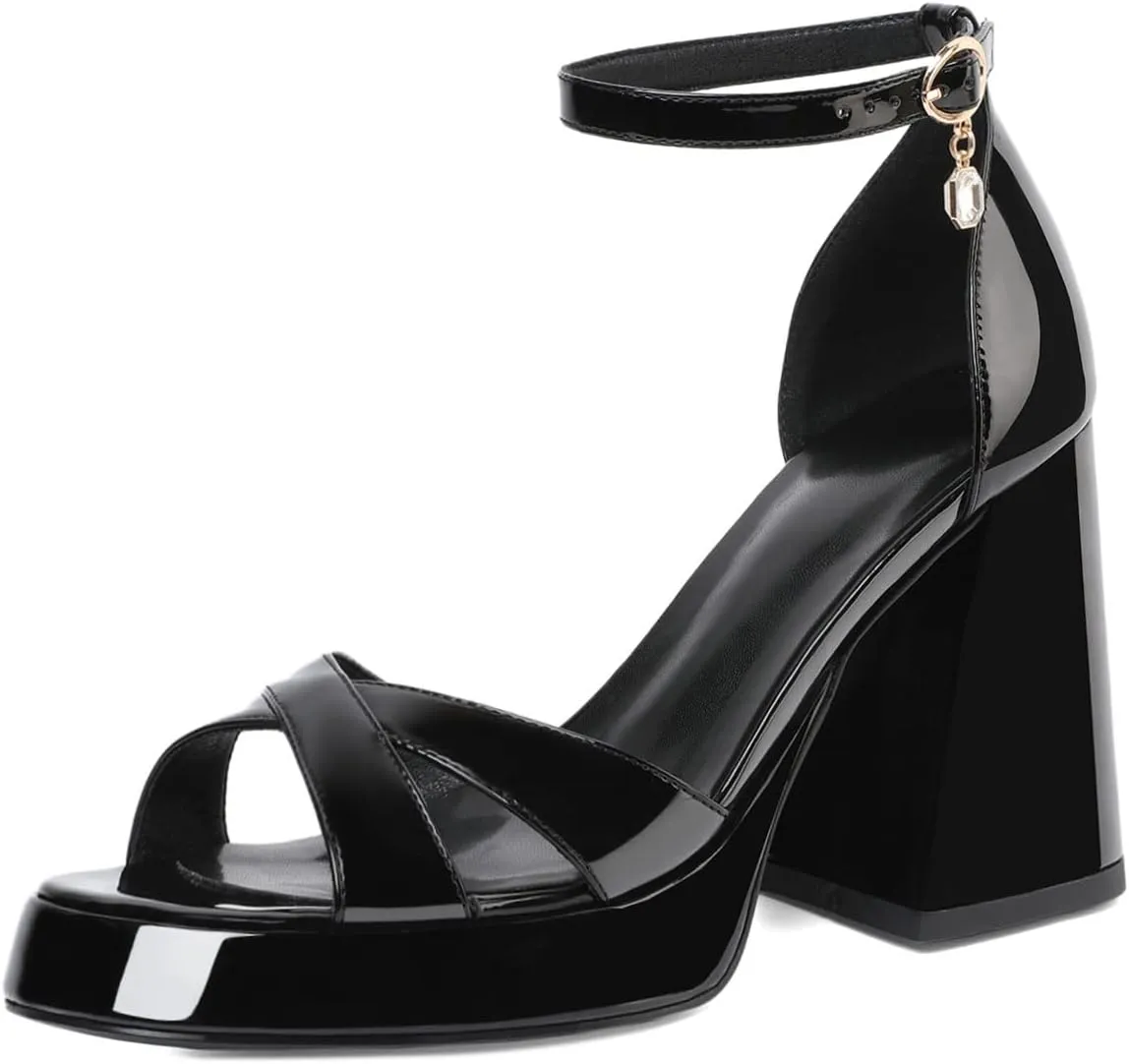 Joseywade Heeled Sandals Strappy Platform Chunky Block High Heels Round Open Toe 4 Inch Ankle Strap Sexy Work Dance Shoes