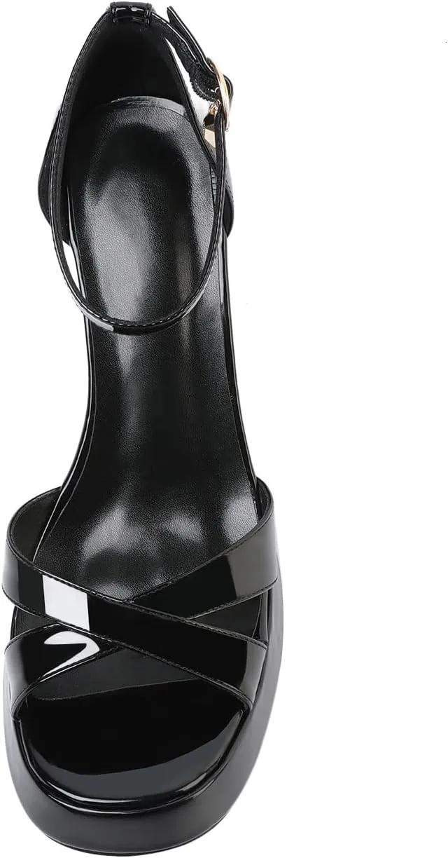Joseywade Heeled Sandals Strappy Platform Chunky Block High Heels Round Open Toe 4 Inch Ankle Strap Sexy Work Dance Shoes