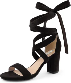 JOY IN LOVE Women's Lace Up Heels 3 Inch Chunky Block Heel Strappy Sandals