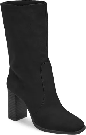Juliet Holy Women’s Mid-calf Boots Chunky Stacked Heel Square Toe Side Zipper Slip-on Suede Winter Booties