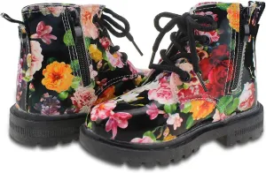 Kid Girl's Floral Boots Lace Up Booties Black Flower,Little Kid Size 10.5