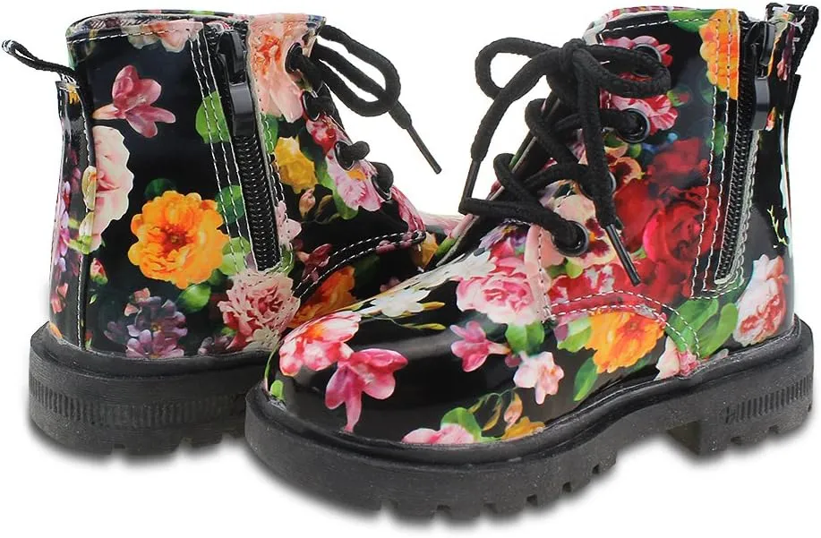 Kid Girl's Floral Boots Lace Up Booties Black Flower,Little Kid Size 10.5