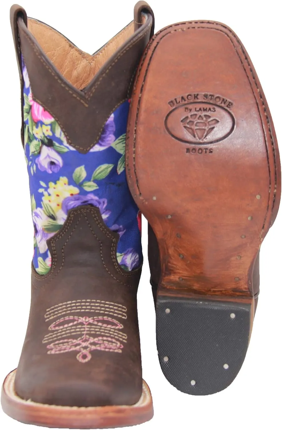 Kids Western Boot Girls Floral Cowboy Cowgirl Leather Brown Boot