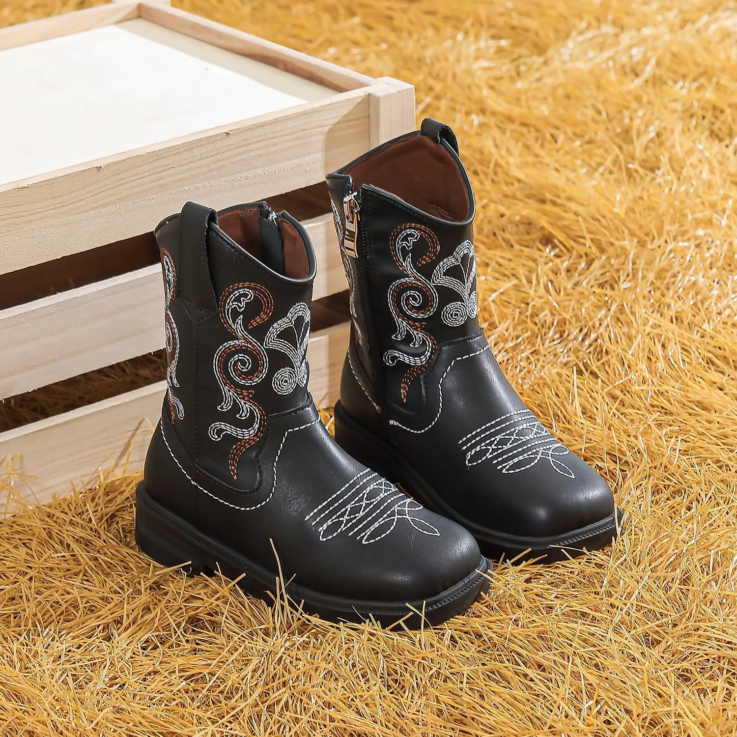 kkdom Cowboy Boots Cowgirl Boots for Toddler Little Boys Girls Kids Western Boots Square Toe Mid Calf Riding Boots