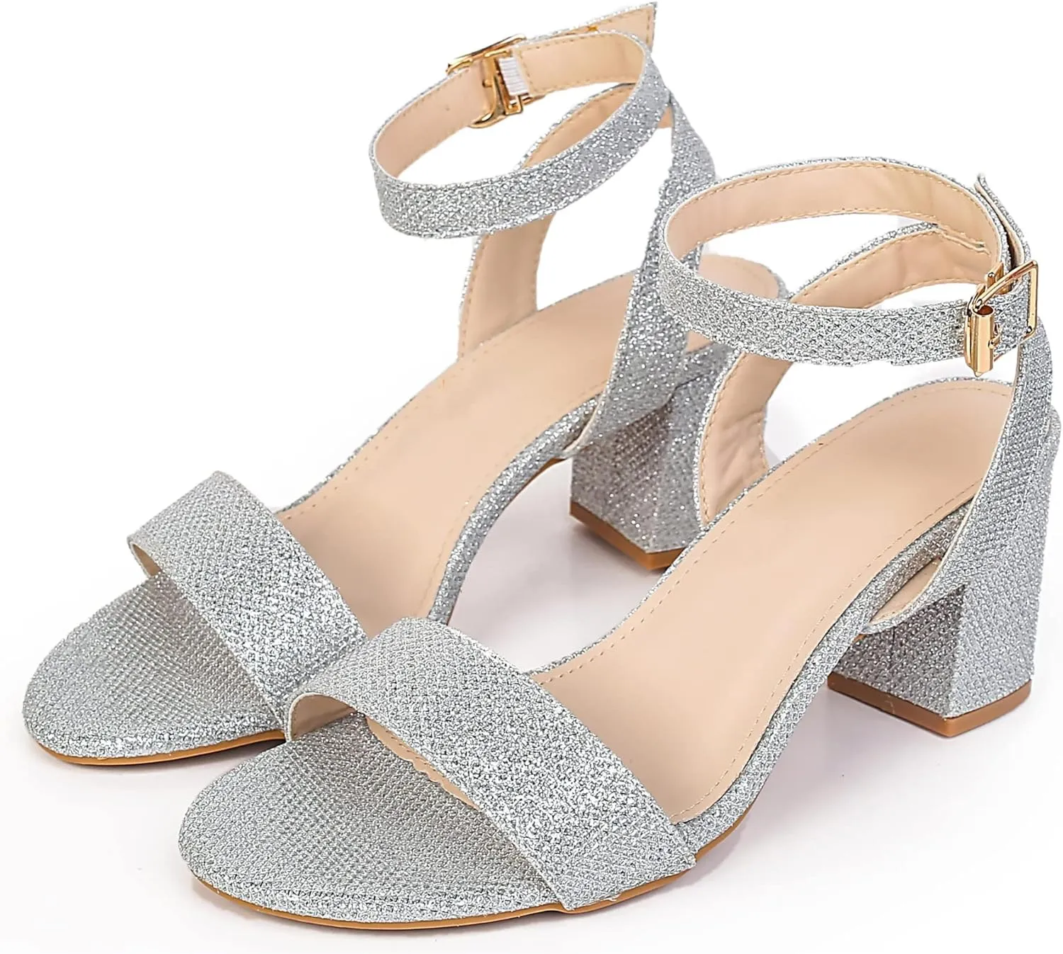 kkdom Glitter Sandals - Strappy, Chunky Pumps; Low Heels, Open Toe Block Heels for Women - Wedding, Dress, Party Wear
