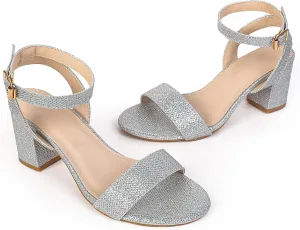 kkdom Glitter Sandals - Strappy, Chunky Pumps; Low Heels, Open Toe Block Heels for Women - Wedding, Dress, Party Wear