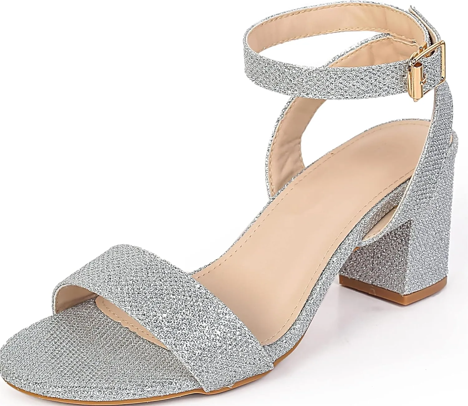 kkdom Glitter Sandals - Strappy, Chunky Pumps; Low Heels, Open Toe Block Heels for Women - Wedding, Dress, Party Wear