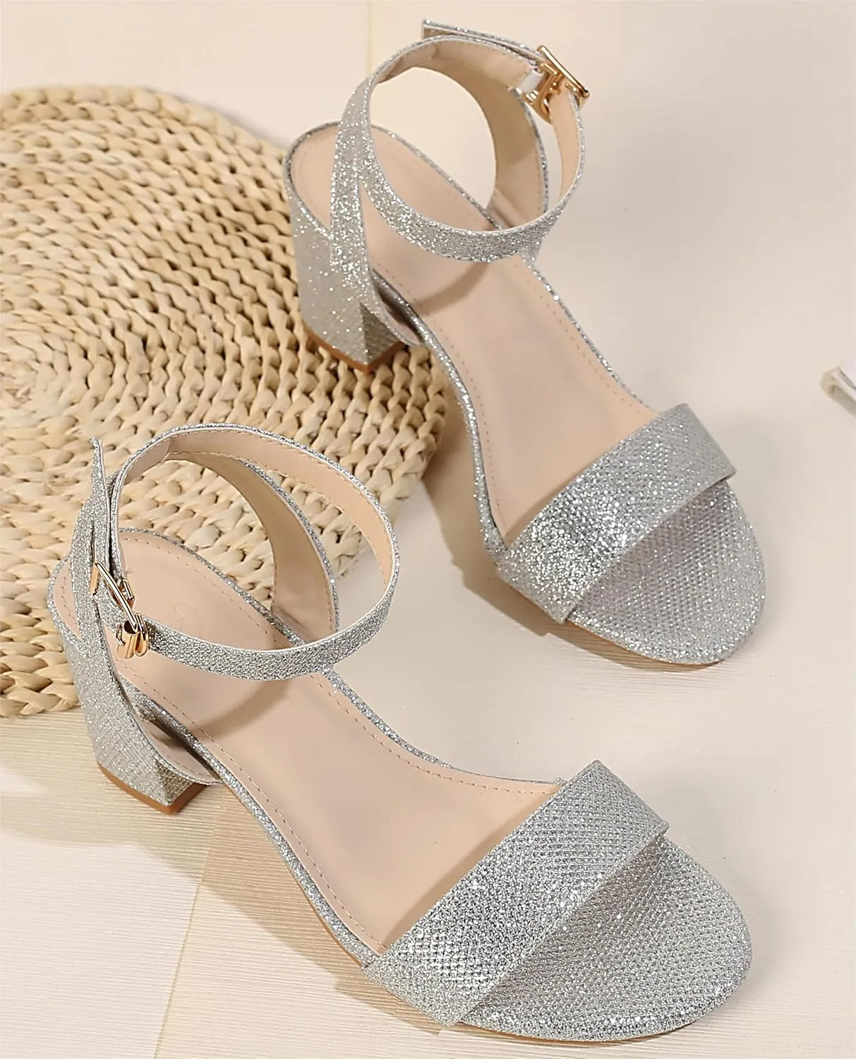 kkdom Glitter Sandals - Strappy, Chunky Pumps; Low Heels, Open Toe Block Heels for Women - Wedding, Dress, Party Wear