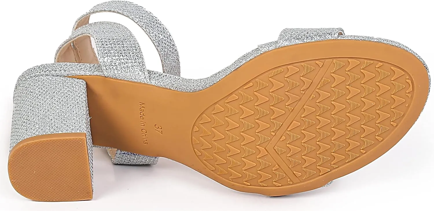 kkdom Glitter Sandals - Strappy, Chunky Pumps; Low Heels, Open Toe Block Heels for Women - Wedding, Dress, Party Wear