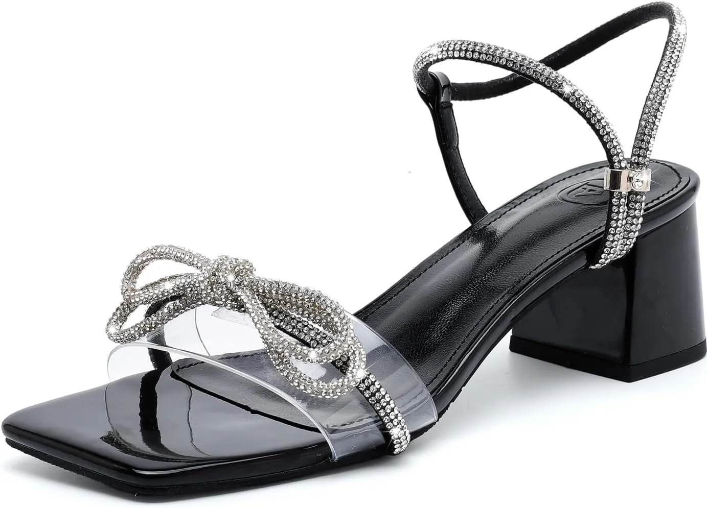 kkdom Women's Block Chunky Heels Sandals Rhinestone Bowknots Crystal Sandals Sexy Square Toe Dressy Shoes for Dating Party Wedding