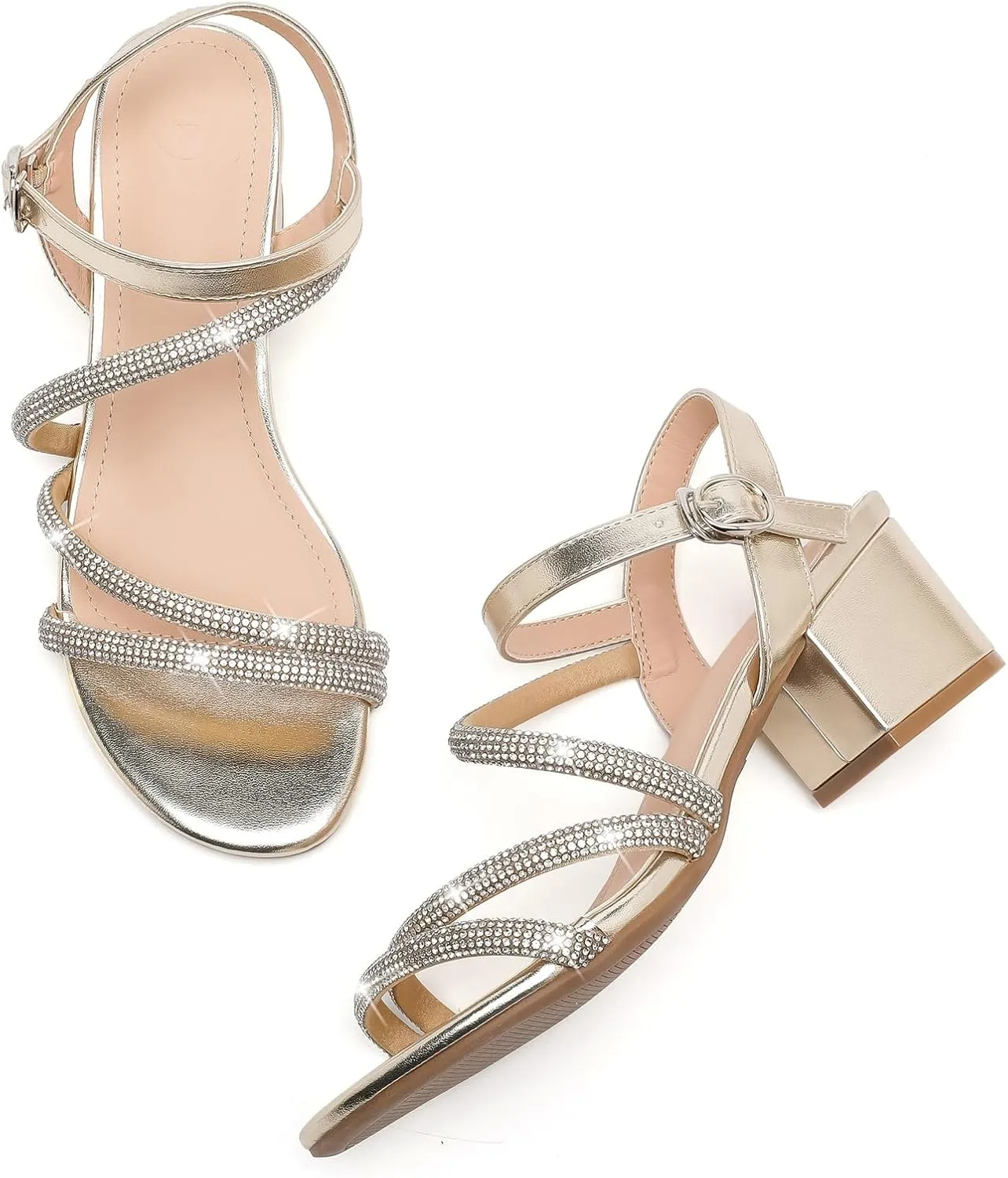 kkdom Women's Strappy Glitter Rhinestone Low Chunky Block Heel Sandals Open Toe Sparkle Bling Dress Shoes