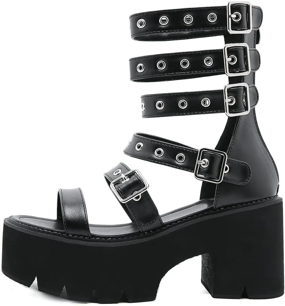 KOKOMOMO Womens Goth Buckle Platform Sandals High Chunky Heels Gladiator Roman Strappy Sandals
