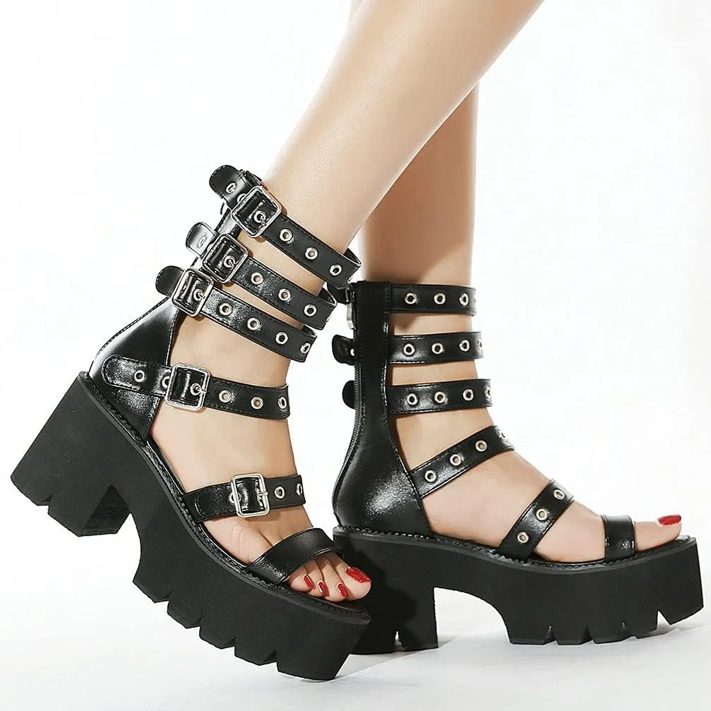 KOKOMOMO Womens Goth Buckle Platform Sandals High Chunky Heels Gladiator Roman Strappy Sandals