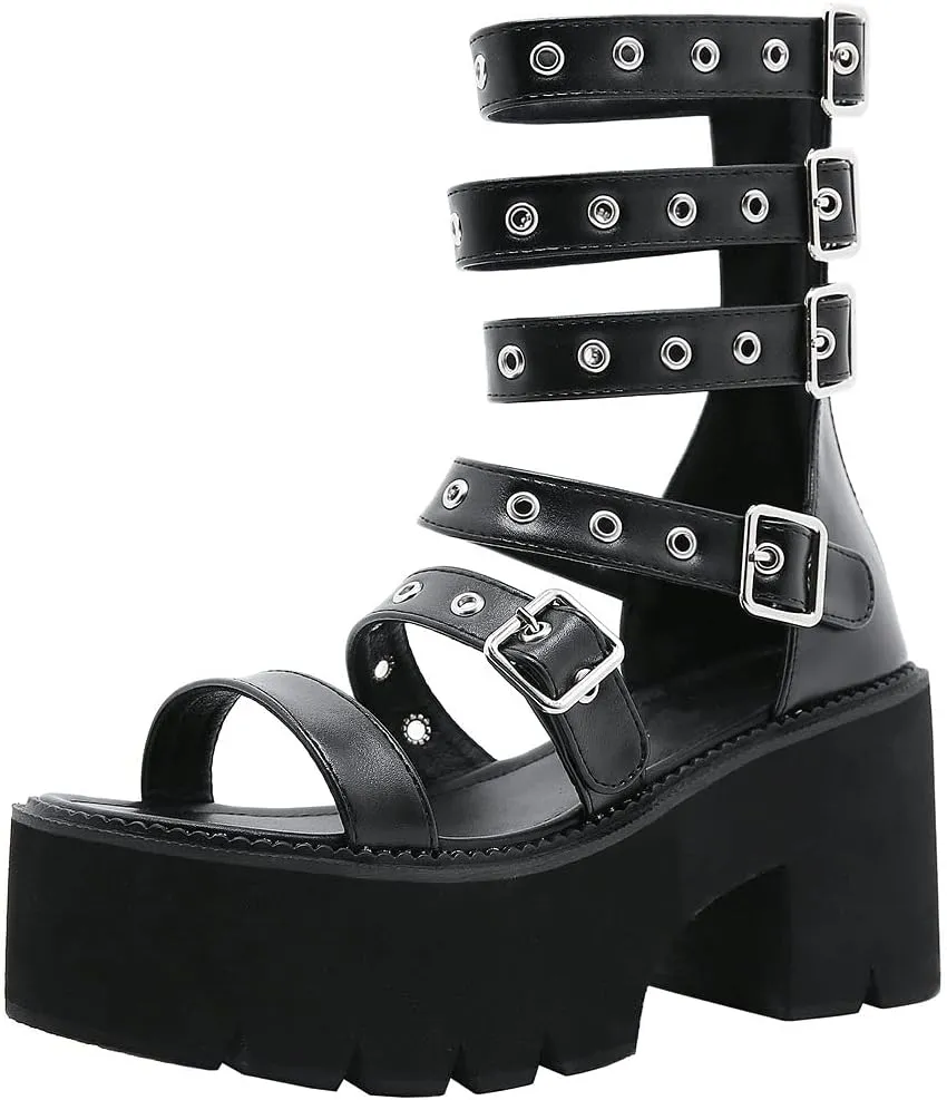 KOKOMOMO Womens Goth Buckle Platform Sandals High Chunky Heels Gladiator Roman Strappy Sandals