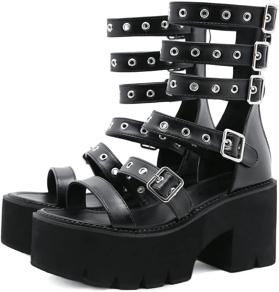 KOKOMOMO Womens Goth Buckle Platform Sandals High Chunky Heels Gladiator Roman Strappy Sandals
