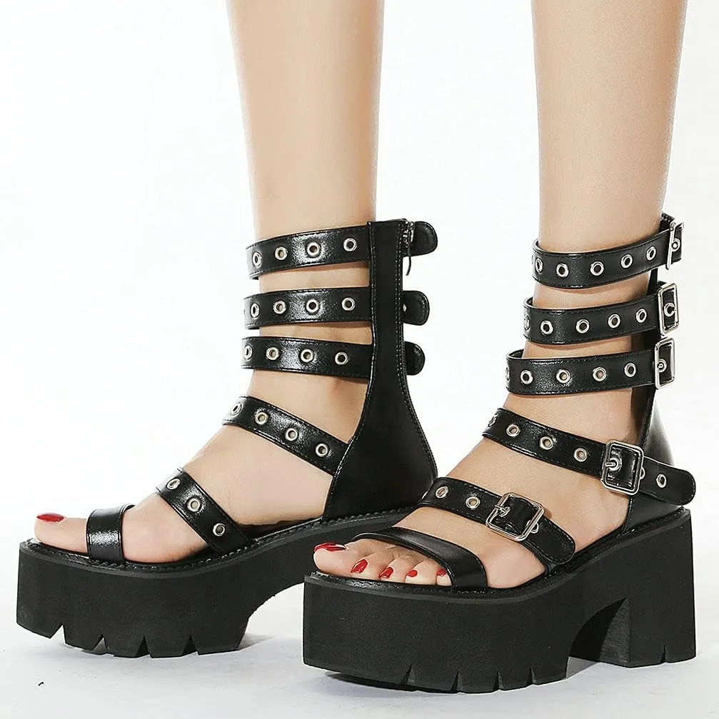 KOKOMOMO Womens Goth Buckle Platform Sandals High Chunky Heels Gladiator Roman Strappy Sandals