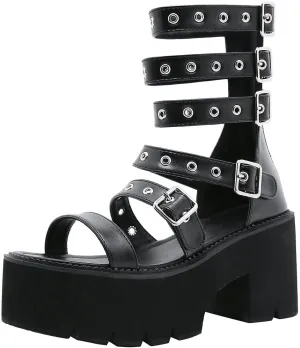 KOKOMOMO Womens Goth Buckle Platform Sandals High Chunky Heels Gladiator Roman Strappy Sandals