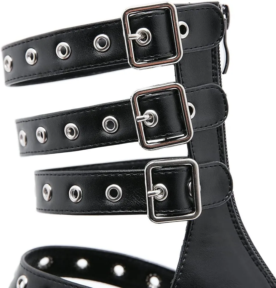 KOKOMOMO Womens Goth Buckle Platform Sandals High Chunky Heels Gladiator Roman Strappy Sandals
