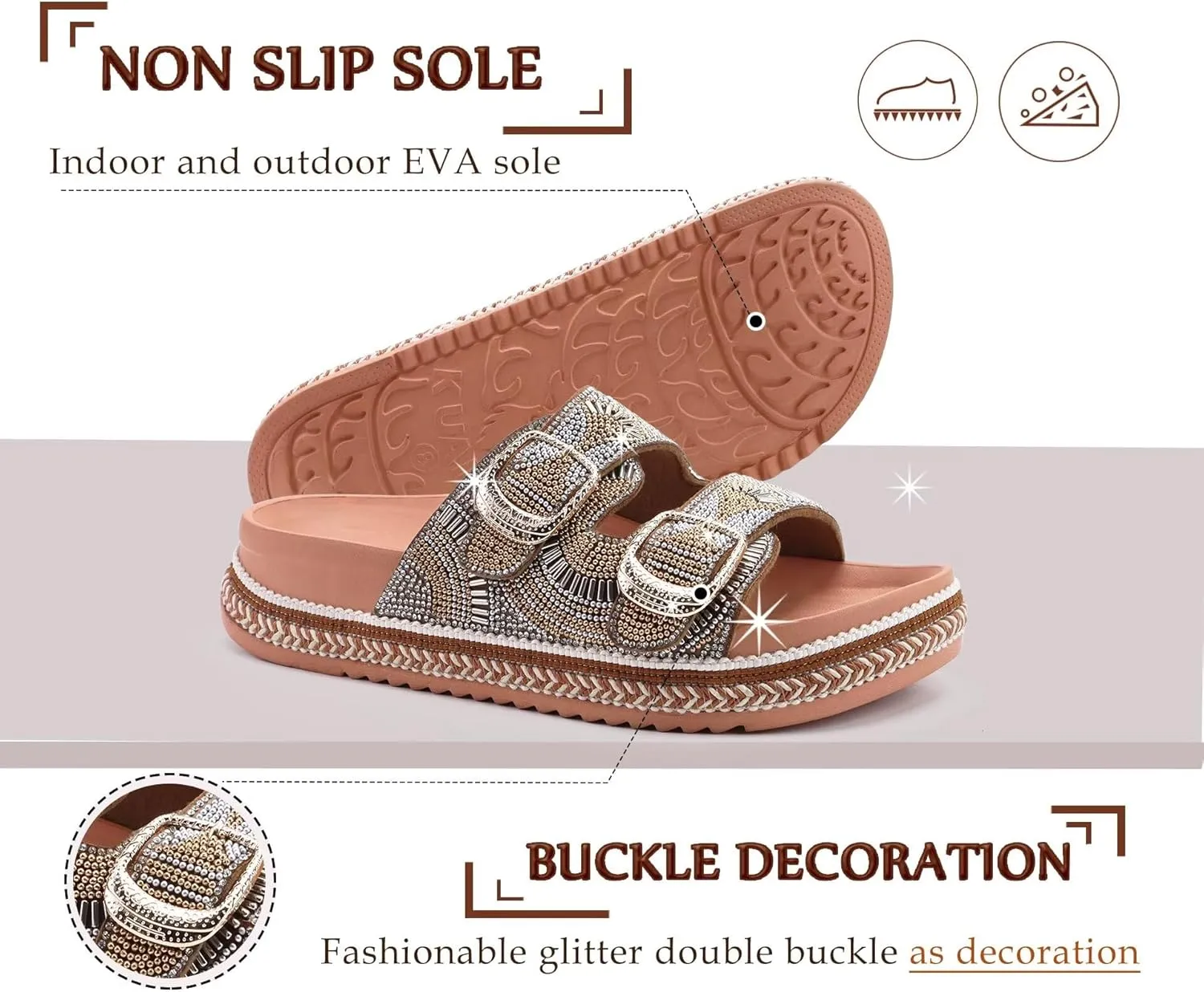 KuaiLu Womens Glitter Sandals with Arch Support Comfortable Orthopedic Cushion Recovery Slides Summer Fashion Sparkly Rhinestones Sandals Slip On Plantar Fasciitis Slippers for Indoor Outdoor