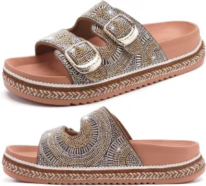 KuaiLu Womens Glitter Sandals with Arch Support Comfortable Orthopedic Cushion Recovery Slides Summer Fashion Sparkly Rhinestones Sandals Slip On Plantar Fasciitis Slippers for Indoor Outdoor