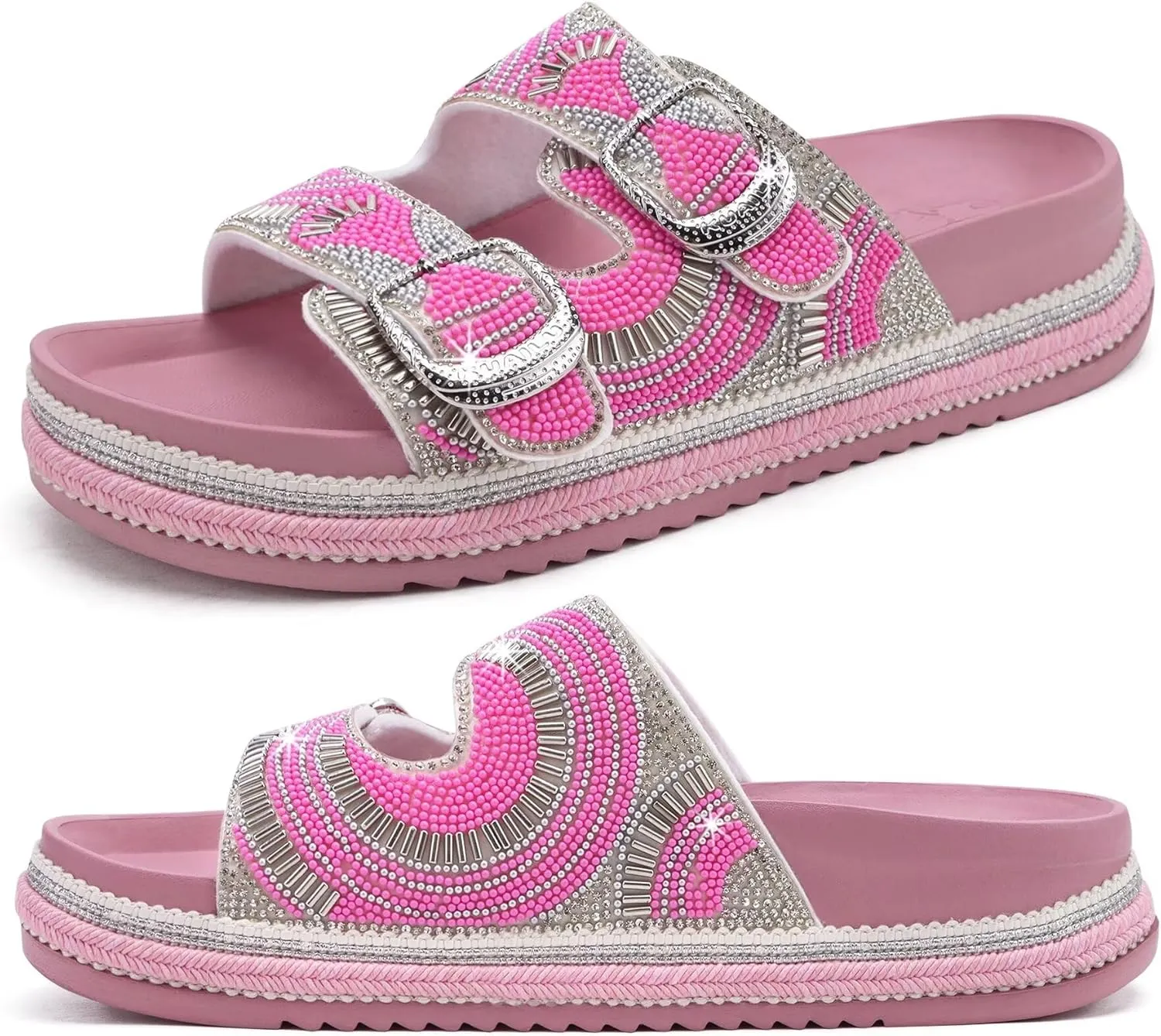 KuaiLu Womens Glitter Sandals with Arch Support Comfortable Orthopedic Cushion Recovery Slides Summer Fashion Sparkly Rhinestones Sandals Slip On Plantar Fasciitis Slippers for Indoor Outdoor