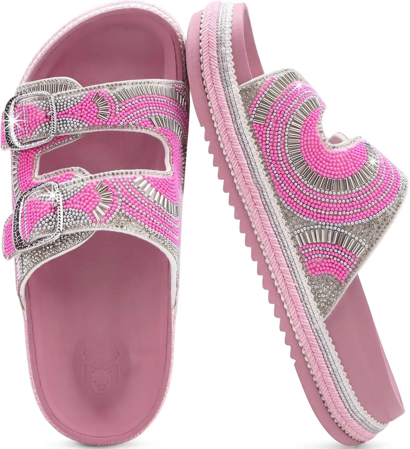 KuaiLu Womens Glitter Sandals with Arch Support Comfortable Orthopedic Cushion Recovery Slides Summer Fashion Sparkly Rhinestones Sandals Slip On Plantar Fasciitis Slippers for Indoor Outdoor