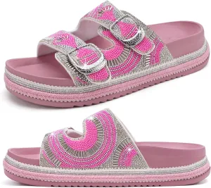 KuaiLu Womens Glitter Sandals with Arch Support Comfortable Orthopedic Cushion Recovery Slides Summer Fashion Sparkly Rhinestones Sandals Slip On Plantar Fasciitis Slippers for Indoor Outdoor