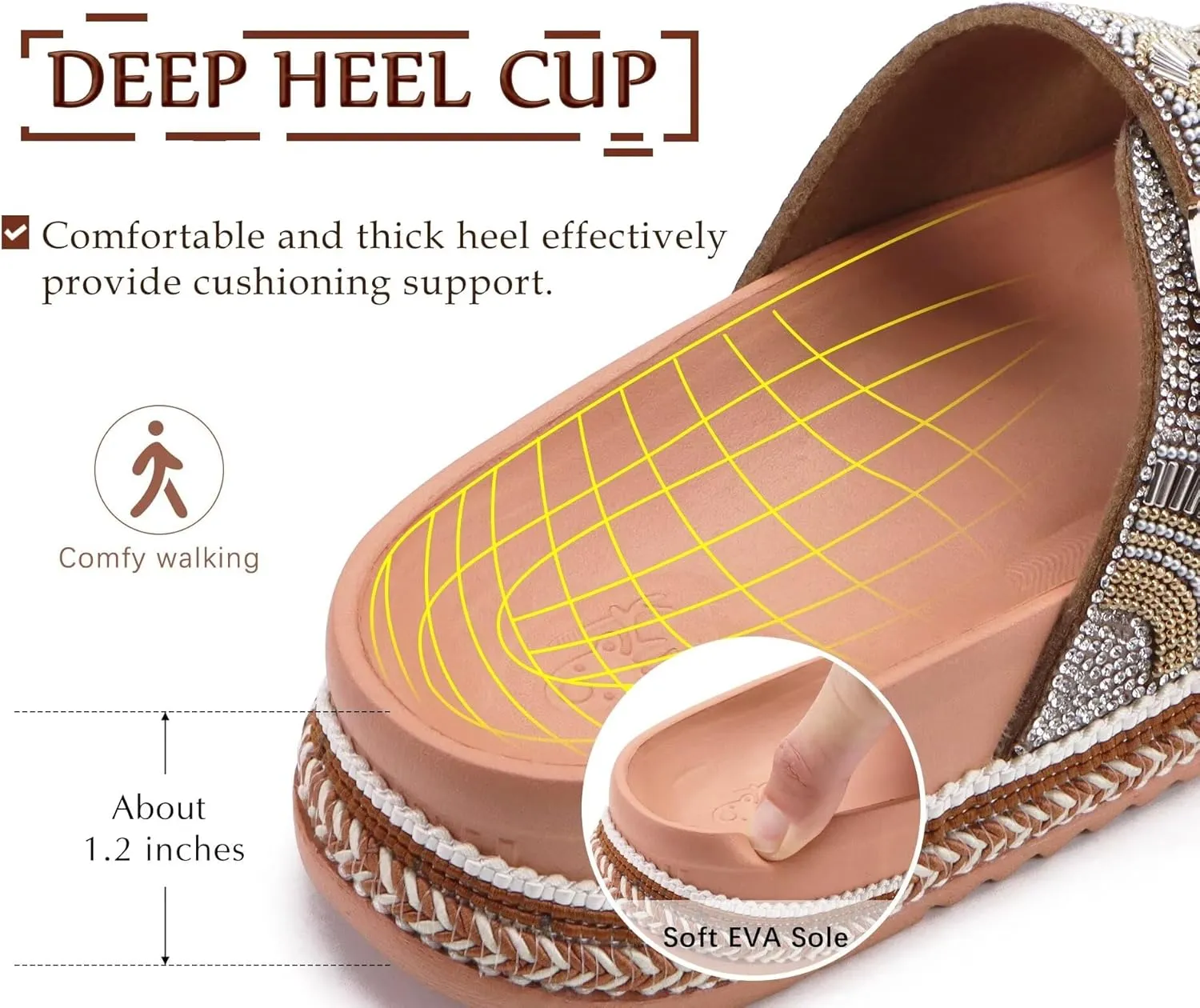 KuaiLu Womens Glitter Sandals with Arch Support Comfortable Orthopedic Cushion Recovery Slides Summer Fashion Sparkly Rhinestones Sandals Slip On Plantar Fasciitis Slippers for Indoor Outdoor