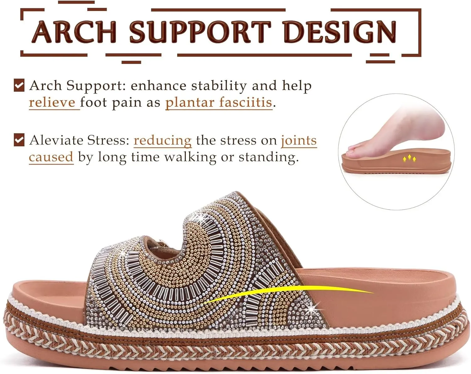 KuaiLu Womens Glitter Sandals with Arch Support Comfortable Orthopedic Cushion Recovery Slides Summer Fashion Sparkly Rhinestones Sandals Slip On Plantar Fasciitis Slippers for Indoor Outdoor
