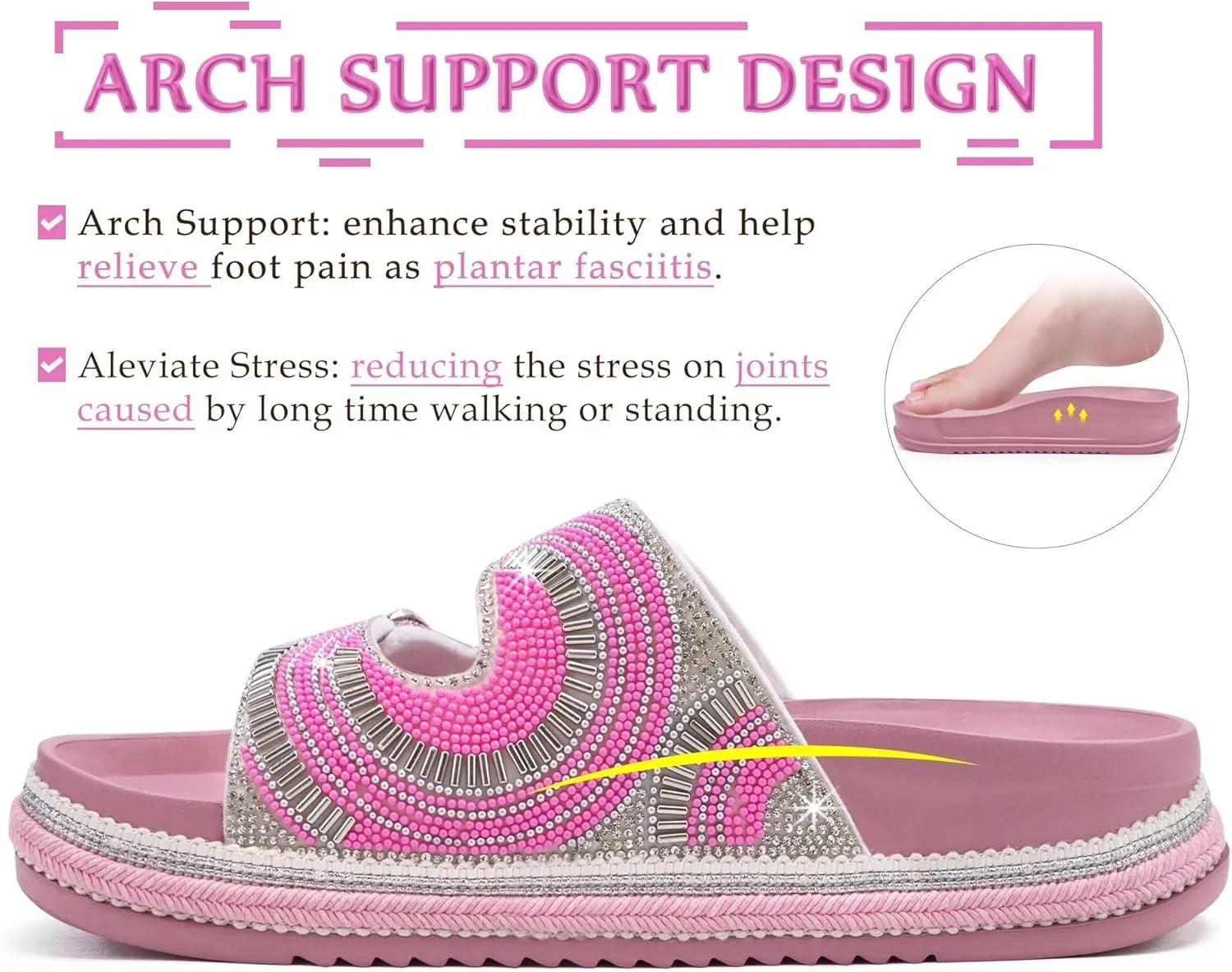 KuaiLu Womens Glitter Sandals with Arch Support Comfortable Orthopedic Cushion Recovery Slides Summer Fashion Sparkly Rhinestones Sandals Slip On Plantar Fasciitis Slippers for Indoor Outdoor