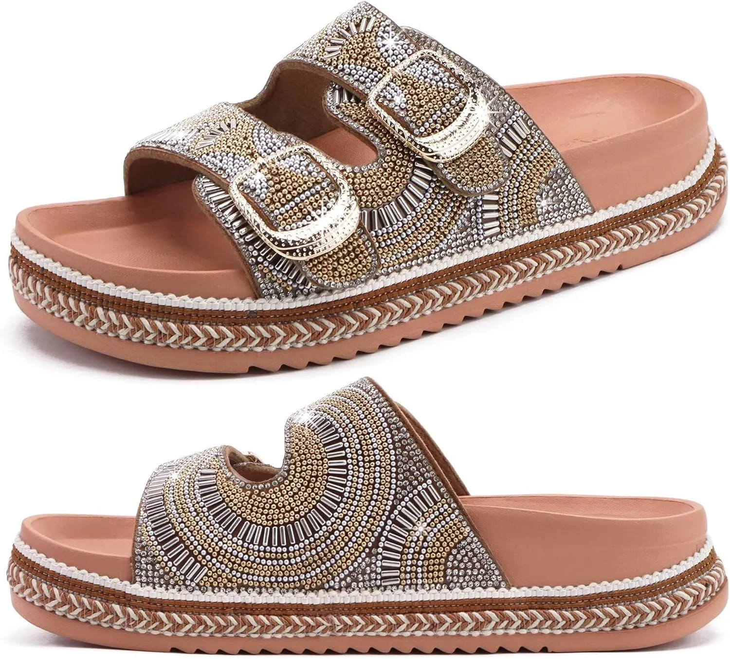 KuaiLu Womens Glitter Sandals with Arch Support Comfortable Orthopedic Cushion Recovery Slides Summer Fashion Sparkly Rhinestones Sandals Slip On Plantar Fasciitis Slippers for Indoor Outdoor