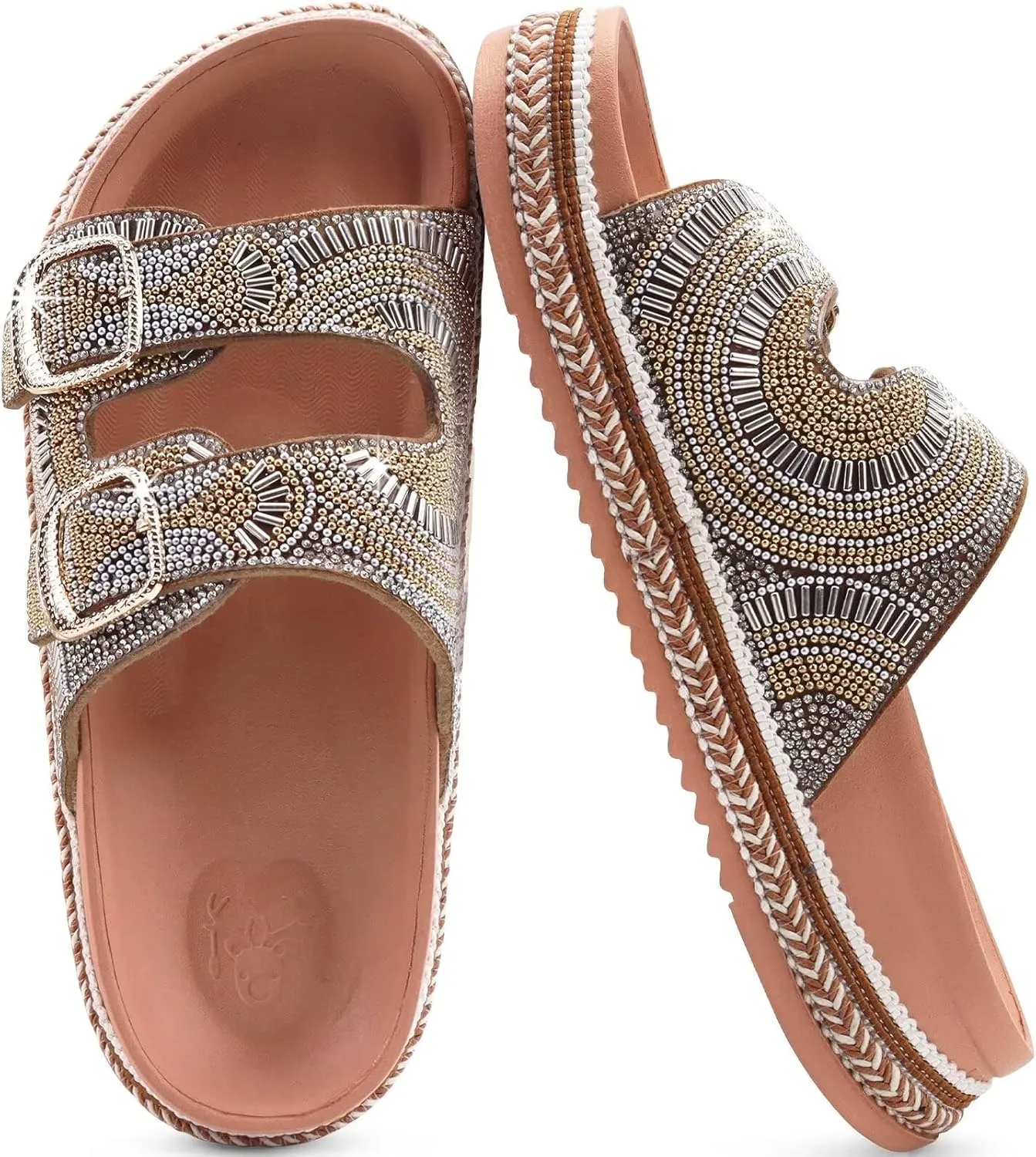 KuaiLu Womens Glitter Sandals with Arch Support Comfortable Orthopedic Cushion Recovery Slides Summer Fashion Sparkly Rhinestones Sandals Slip On Plantar Fasciitis Slippers for Indoor Outdoor