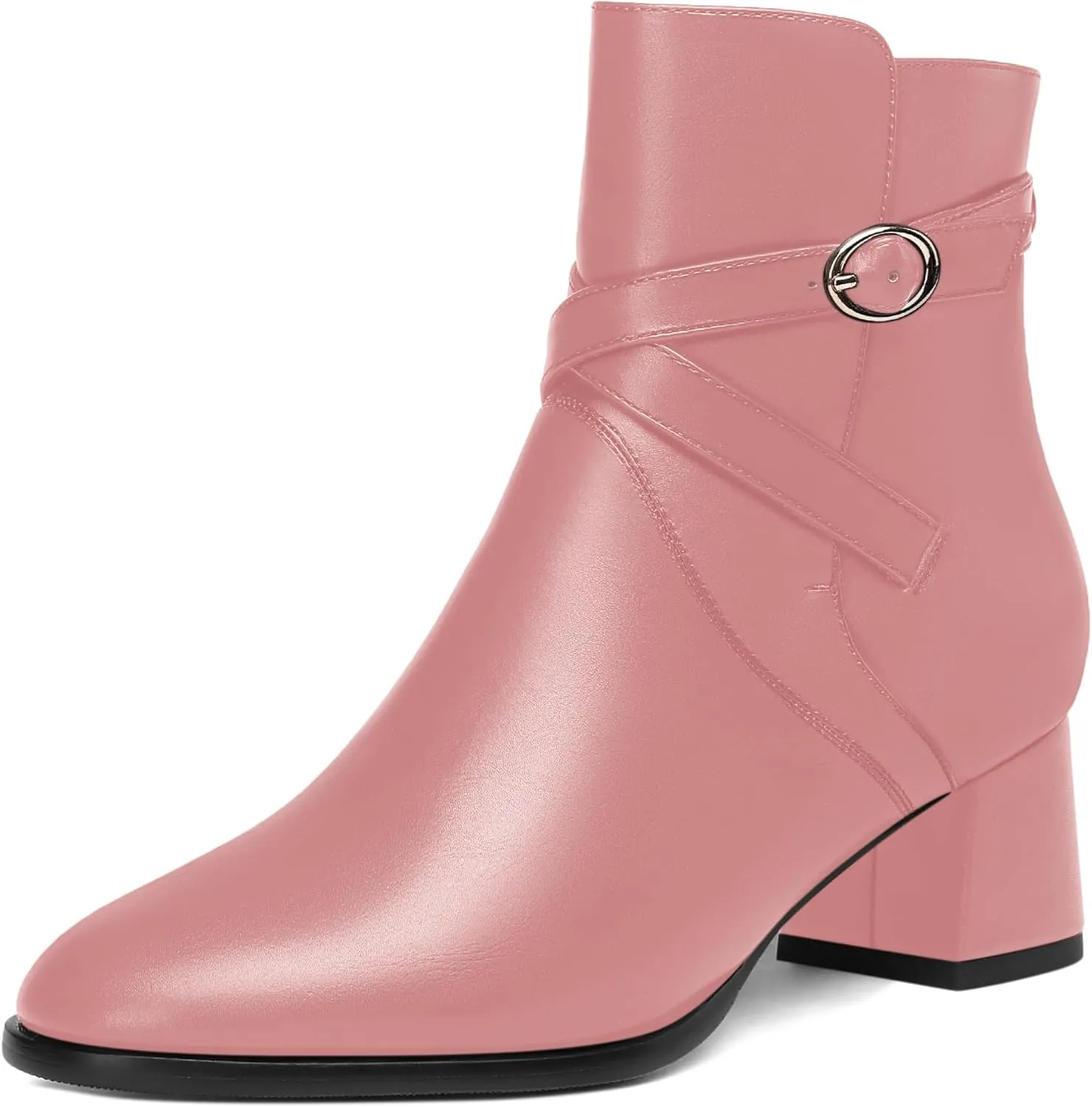 KUOARN Womens Buckle Casual Ankle Strap Matte Round Toe Solid Dating Chunky Low Heel Ankle High Boots 2 Inch