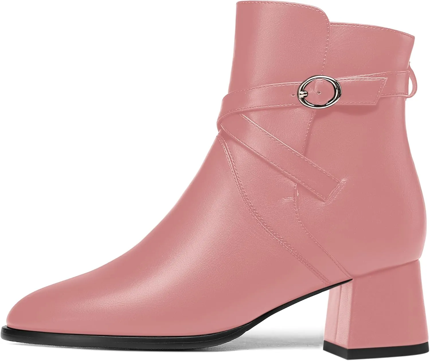 KUOARN Womens Buckle Casual Ankle Strap Matte Round Toe Solid Dating Chunky Low Heel Ankle High Boots 2 Inch