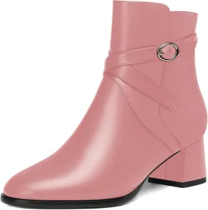 KUOARN Womens Buckle Casual Ankle Strap Matte Round Toe Solid Dating Chunky Low Heel Ankle High Boots 2 Inch