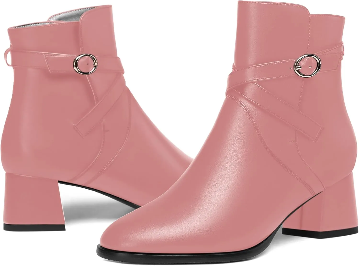 KUOARN Womens Buckle Casual Ankle Strap Matte Round Toe Solid Dating Chunky Low Heel Ankle High Boots 2 Inch